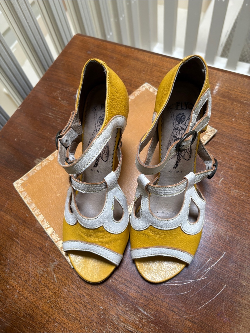 Fly London Boho Cut-Out Peep Toe Stiletto Heels Yellow White Size 38 - Picture 2 of 6